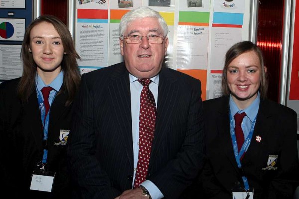 Jennifer Murphy and Deirdre McAuliffe from  Millstreet Community School with Minister Batt O'Keeffe at the BT Young  Scientist and Technology Exhibition in the  RDS