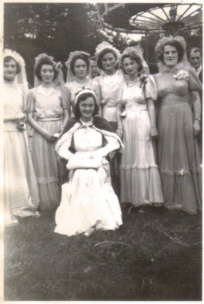 Millstreet Carnival Queen 1949 Mary Frances Mulcahy, with her Ladies in waiting: Dole O'Byrne (West End), Miss Collins (Rathcoole), Mary Hickey (Main Street), Kitty O'Leary (West End), Hannah Mary Moynihan, Estie Cashman-Manley (Tullig House)