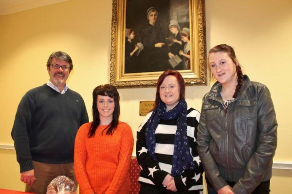 To help fund the Lourdes visit of inspiring helpers from Millstreet Community School the Cake Sale in the Parish Centre following 6.30 pm Mass on Saturday, 9th February 2013 proved to be hugely popular and very successful.  Pictured (from left): Chaplain, John Magee with the three  Students who will be visiting Lourdes on Easter Sunday  to work on the praiseworthy project - Katie O'Callaghan, Millstreet with Deirdre Kelleher and Denise Cronin from Kilcorney.  Nano Nagle (in portrait at back) would certainly have approved such great work.   (S.R.)