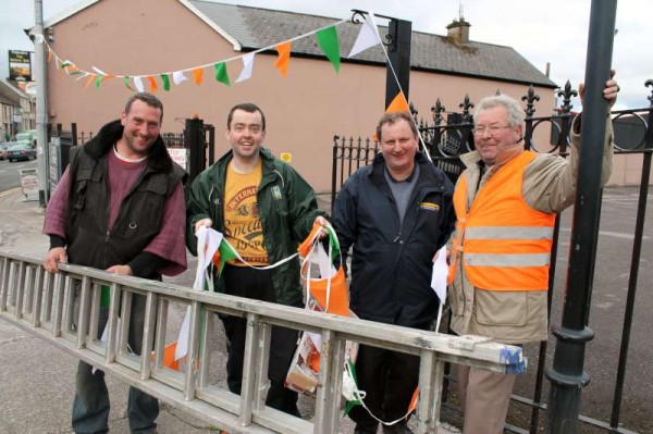 Superbly dedicated members of the 20th Anniversary Eurovision Committee adding to the colour and brightness of our Town   as preparations for the 20th Anniversary of the 1993 Millstreet Eurovision make steady progress.  (S.R.)