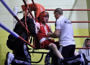 Tim Lehane (in red) and Seanie Barrett (grey) in the corner for Rylane