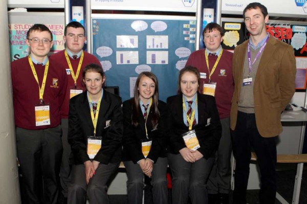  Millstreet Community School Sudents Amy McSweeney, Rachel O'Brien, Emma Browne, Keith Dineen, Stefan Healy and Michael O'Keeffe with their teacher Shane Guerin at the BT Young Scientist and Technology Exhibition 2014 at the RDS Dublin which runs until Saturday. 