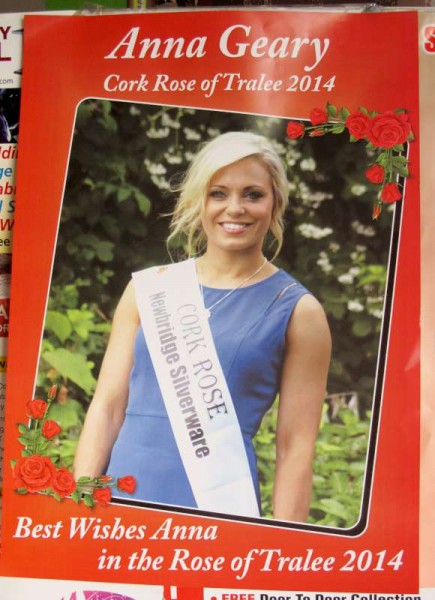 Very colourful posters supporting Anna Geary - Cork Rose in the Rose of Tralee 2014 - on display in the Millstreet area.   We shall all have great interest in this year's Tralee event in that both the Cork and Kerry Roses have a direct link with Millstreet.  Click on the poster to enlarge.  (S.R.)
