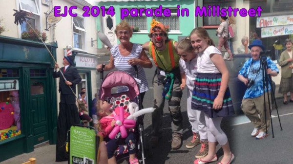 One of the wonderfully uplifting memories of this summer's EJC2014 in Millstreet appear on a new In-Shop Television Channel at Reen's Pharmacy in Main Street, Millstreet.  We thank Mairéad for sharing this splendid pictorial montage of such a very happy Parade of International (and local!) Jugglers through Millstreet Town in July.  Click on the image to enlarge.  (S.R.)