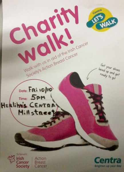 "We are doing the Action Breast Cancer Walk on Friday 10th at 5pm starting from Herlihy's Centra in West End and then proceeding around the Glebe Route," states Greg, Manager of Centra.  Click on the Poster to enlarge.  (S.R.)