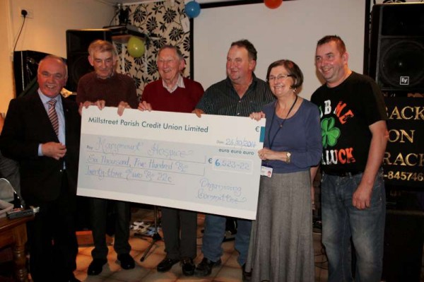 The official presentation of the Marymount Fundraising Cheque took place in The Pub, Carriganima on Friday, 24th October 2014.  Carmel Ryan who accepted the very impressive cheque on behalf of The Friends of Marymount Hospice expressed her sincere thanks for the €6,523.22 (further increased by €650.00 from Pub donations on the night).  "Back on Track" provided superb musical entertainment on the night.  Click on the images to enlarge.  (S.R.)