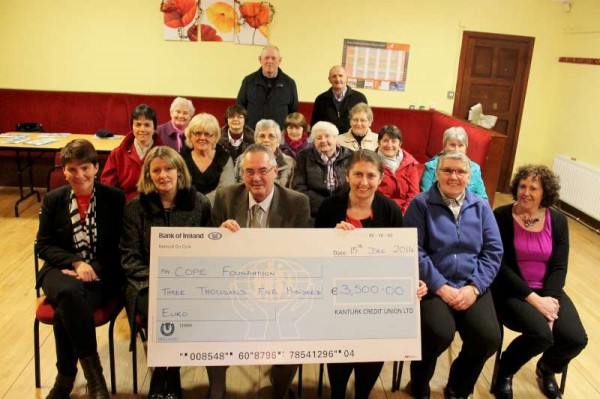 A most impressive cheque of €3,500.00 was presented to COPE Foundation on Monday night by the Dromtariffe Parents & Friends of COPE Foundation.  (Names details later).  Following two interesting addresses very welcome refreshments were served by the dedicated Coordinating Group.  Click on the image to enlarge.  (S.R.)