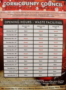 Our image above indicates the Opening Hours of Recycling Facilities.  Opening Hours for the Millstreet Recycling Centre on Tues. 30th Dec.: 9am to 4.30pm.  On Wednesday, 31st Dec.: 9am to 3.30pm.  On Friday, 2nd Jan. 2015: 9am to 3.30pm.  Saturday, 3rd Jan.: 9am to 2.30pm.  Click on the picture to enlarge.  (S.R.)