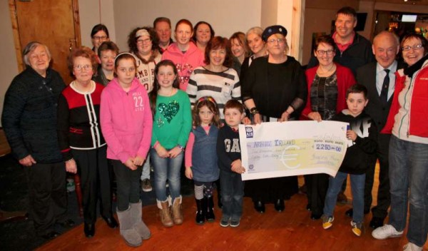 A most impressive cheque of €2,280.00 from the New Year 2015 Boeing Swim was officially handed over by theOrganising Committee on Wednesday night at the Bush Bar to Arthritis Ireland.  Click on the images to enlarge.  (S.R.)
