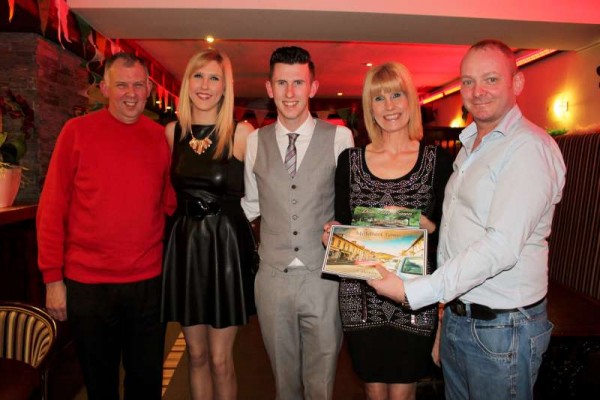 Michael, Dervla, Derek and  Mary Burke of "Crystal Swing" receiving Millstreet gifts from Nigel of the Wallis Arms Hotel just in advance of appearing before a wonderfully enthusiastic audience tonight (Sat. 14th March 2015).  Click on the images to enlarge.  (S.R.)