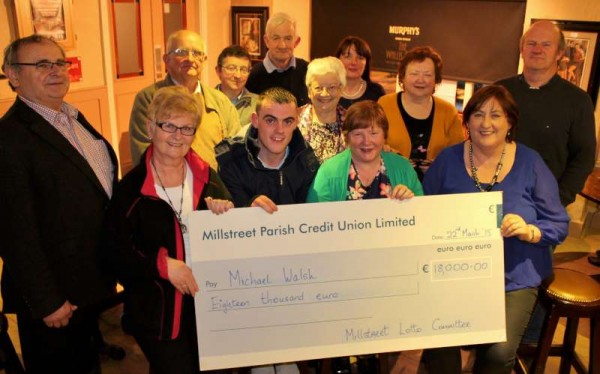 Members of Millstreet Local Lotto assembled in the Wallis Arms Hotel on Sunday, 22nd March 2015 to make the official presentation of the biggest win ever at €18,000.00 to Michael Walsh of Sally's Cross, Kanturk.   Pictured holding the most impressive cheque are (from left) Margaret Bourke, Michael Walsh (winner), Noreen Tarrant, Liscreagh, Millstreet (seller of the lucky ticket and receiving the seller's prize of €1,800.00), Marie Twomey.   Click on the images to enlarge.  (S.R.)