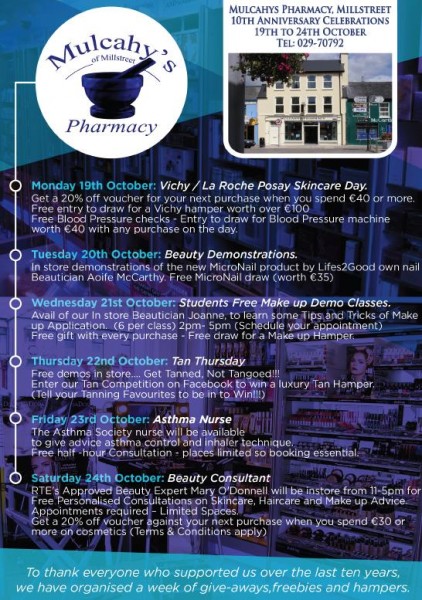 2015-10-20 Mulcahy's Pharmacy 10th Anniversary Celebrations - poster