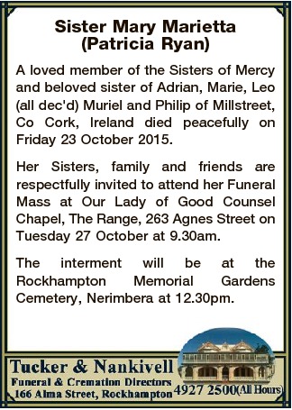 Funeral Notice for Sr.Marietta (from The Morning Bulletin)