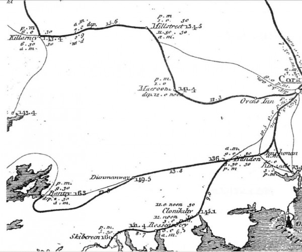 1805 map of the mail coachl ines of Ireland Millstreet 0a