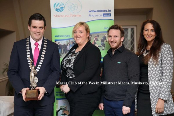 2015-01-09 Millstreet Macra - National Winners of the Creative Speaking - Rebecca Ambrose, Seven O'Riordan, and Katie Guerin with Macra President Seán Finan