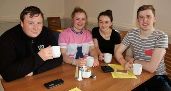 Celebrating at Café Aroma this morning the Leaving Cert Results just received - from left: Michael O'Keeffe, Michelle O'Sullivan, Anna Keane and Billy Cronin.