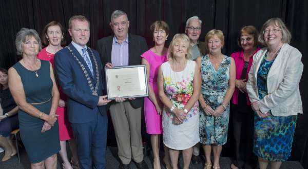 Members of Millstreet Tidy Towns Association receiving the prestigious First Prize in the Anti-Litter Challenge Awards reception at Cork's County Hall from the Mayor of Cork County.  We thank Gordon O'Keeffe for the splendid image which was photographed by Ger McCarthy.  (S.R.)