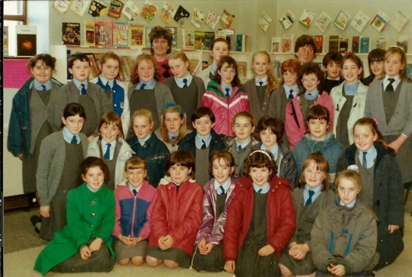 Sr. Eileen Barry's Class of the late 1980s with Breda at the Library.   One of the many groups always accorded a royal and warm welcome by Breda at Millstreet Library.  Click on the image to enlarge.  (S.R.)